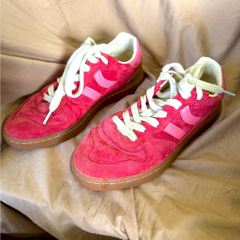 Pink Suede Sneakers with White Laces